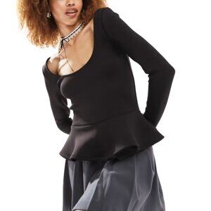Francesca’s Women’s Black Long Sleeve Open Neckline Fluted Hem Top Small NWT